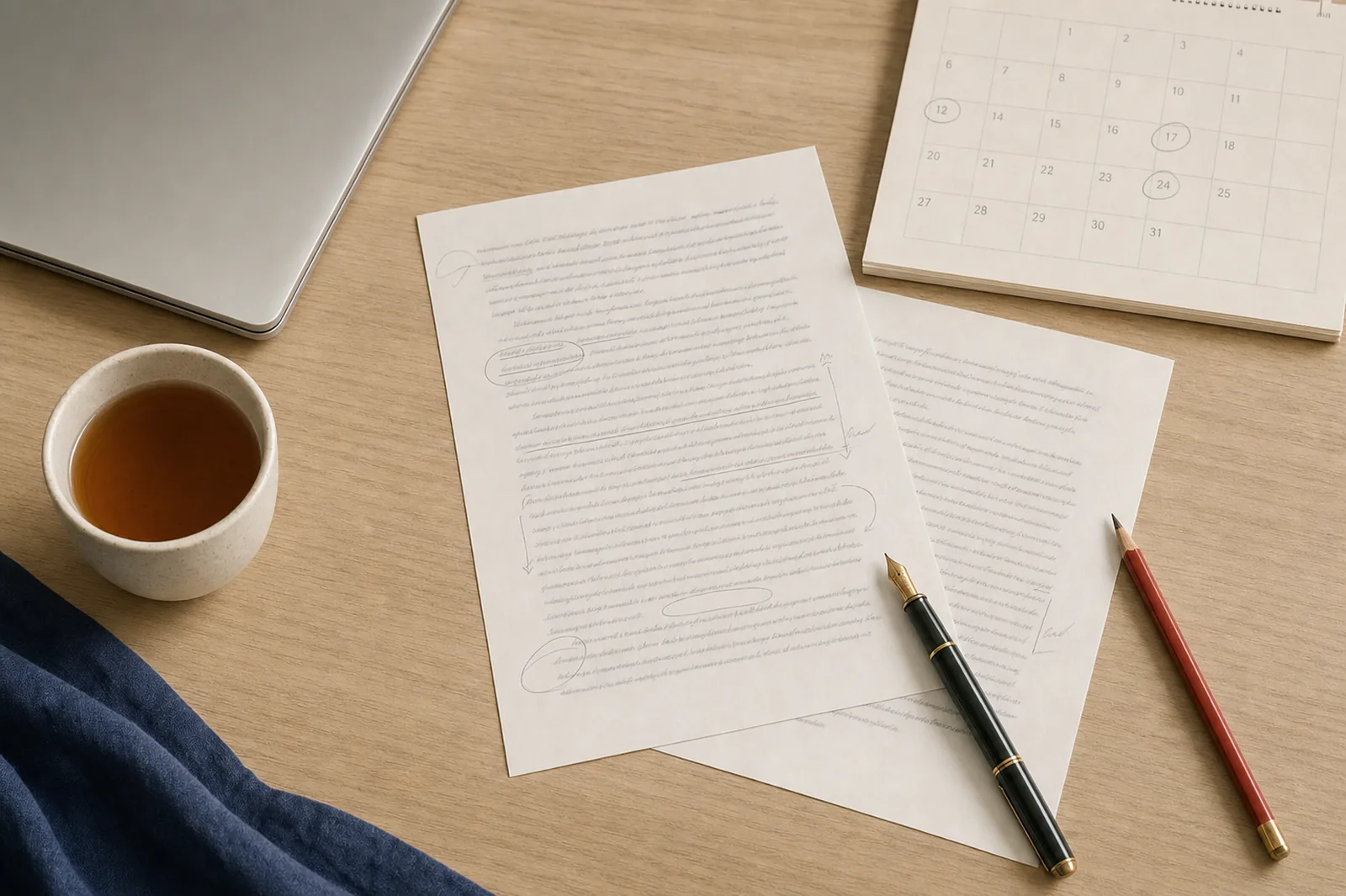 Draft application pages with handwritten margin notes beside a laptop, a calendar and a cup of tea
