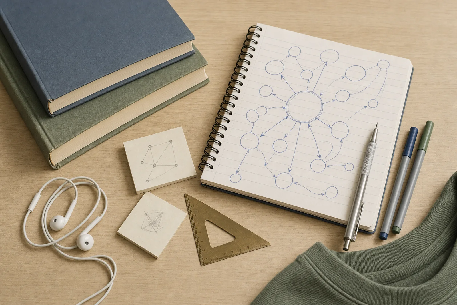 A spiral notebook of hand-drawn concept maps, paperbacks, coloured pens and earphones on a pale oak table