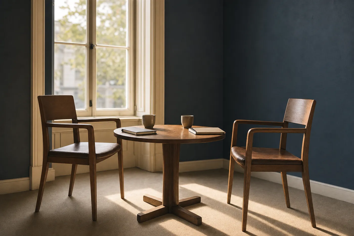Two chairs and a small table with notebooks by a sunlit window