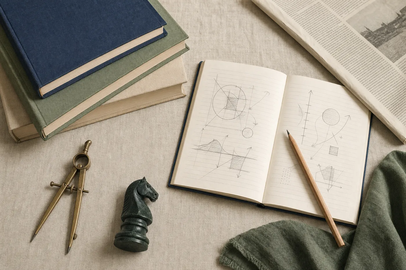 Books, an open notebook of diagrams, a compass and a chess piece on linen